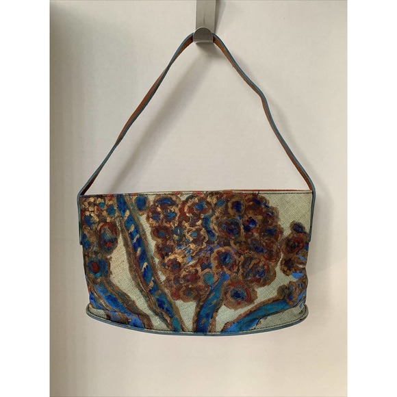 Vintage DKNY Collection Painted Natural Fiber & Leather Handbag Women's Arts - Picture 1 of 10